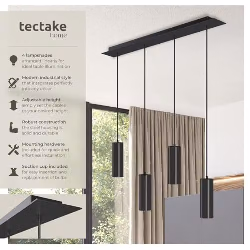 tectake Lumea Industrial Style Black Metal Pendant Light with 4 Adjustable Cylinder Lampshades – 2