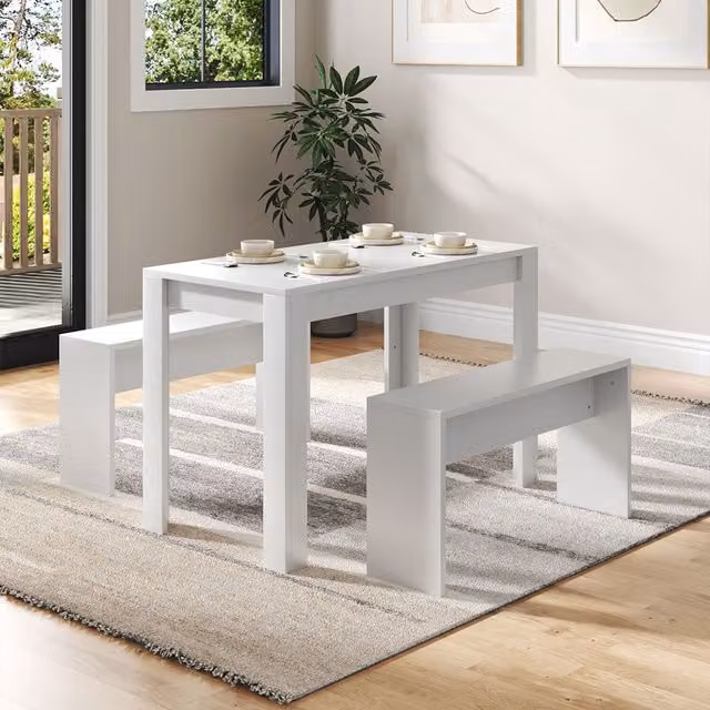 Livingandhome 3 Piece Contemporary White Rectangular Dining Table and Bench Set