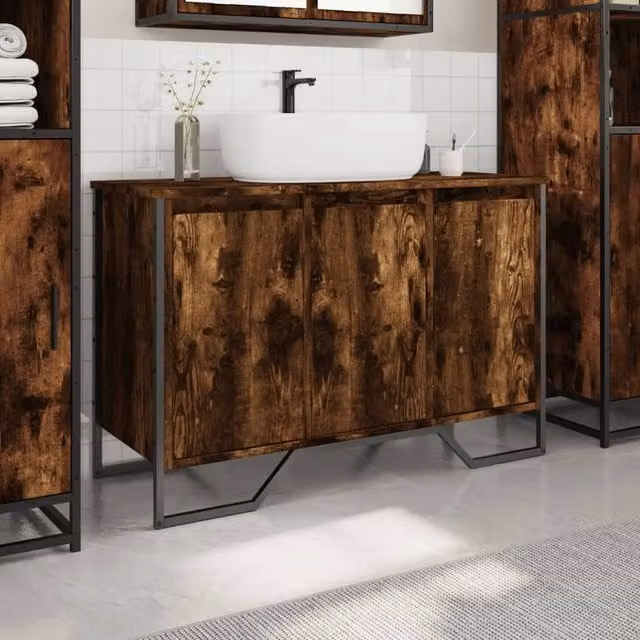 Berkfield Home Modern Freestanding Bathroom Sink Cabinet in Smoked Oak, W/D/H: 91 x 35 x 60 cm – 1