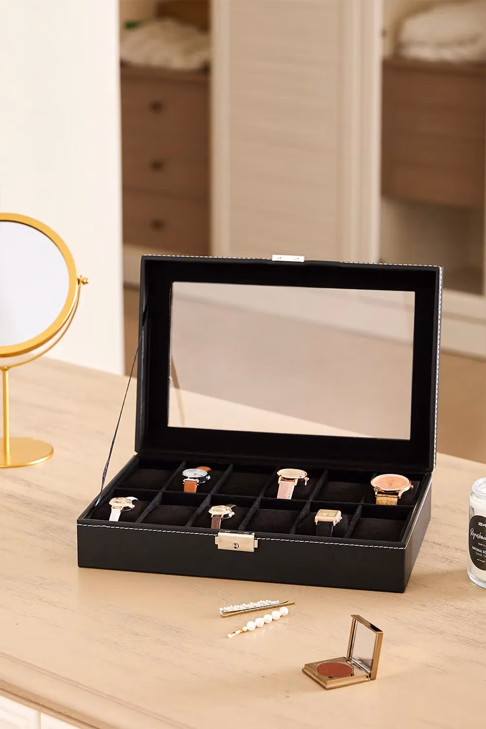 Living and Home 12-Slot Black Synthetic Leather Watch Display Box with Glass Lid – 2