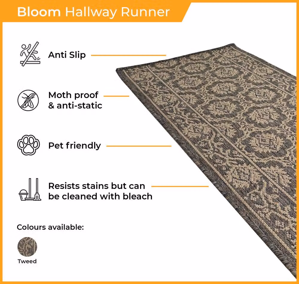 runrug Bloom Floral Hallway Carpet Runner Rug in Brown, W: 66 cm, L: 210 cm – 3