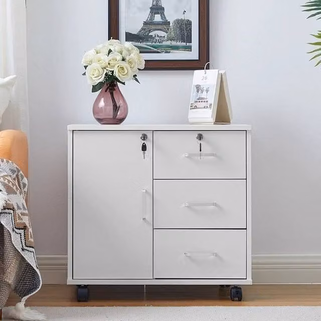 FORGEVIO Office Filing Cabinet and Printer Stand with Storage Drawers and Castors, White