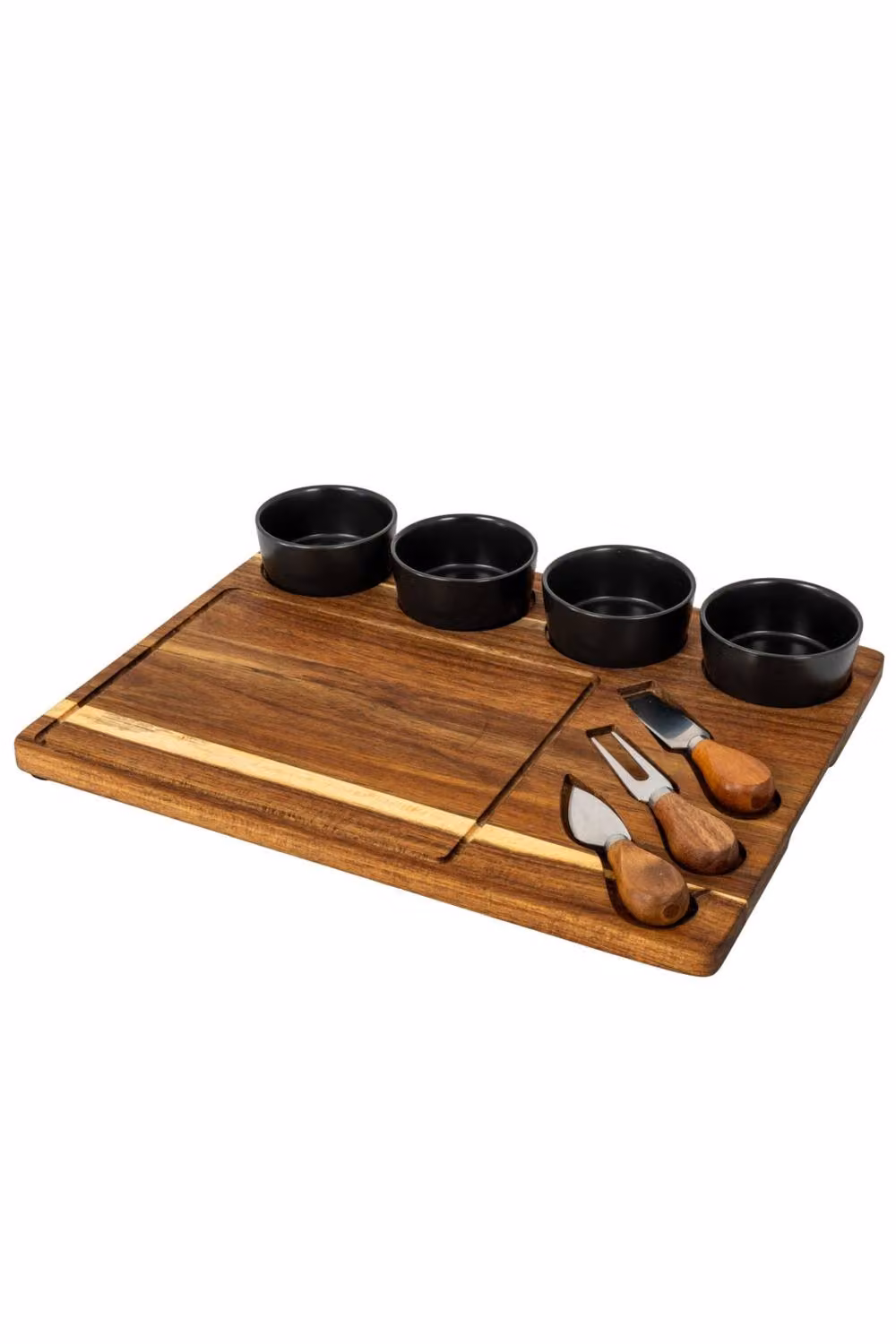 KDMD Acacia Wood Rectangular Cheese Board Set with Grey Ceramic Bowls and Cutlery in Brown – 2