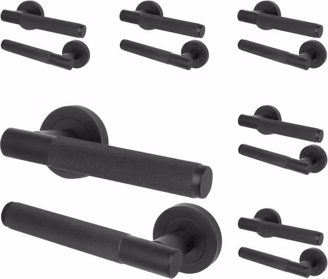 AFIT Matt Black Knurled Internal Lever Door Handles with Round Rose, 6 Pairs – 1