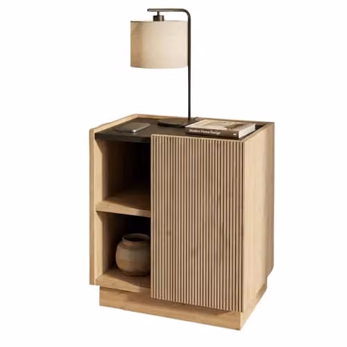 Bimossa Gaia Modern Brown Nightstand with Striped Cabinet Door and Shelves, W/D/H: 46 x 25 x 46 cm