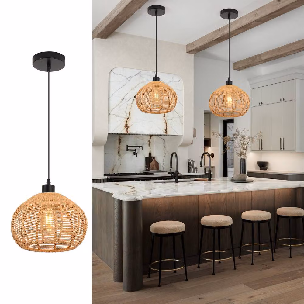NIVOR Brown Rattan Single Globe Pendant Ceiling Lamp with Bohemian Farmhouse Style – 3