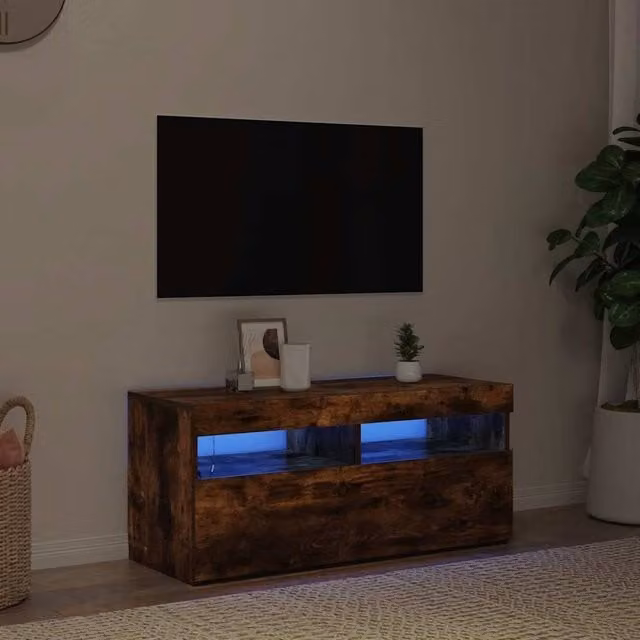 Berkfield Home Modern TV Cabinet with LED Lights in Smoked Oak Brown, W/D/H: 90 x 35 x 40 cm – 1