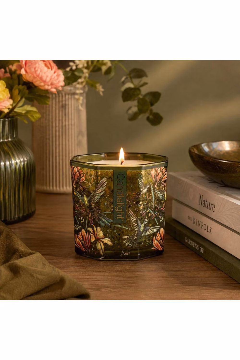 Candlelight Octagonal Pillar Scented Candle with Peony Floral Fragrance in Olive Green, 70g – 2