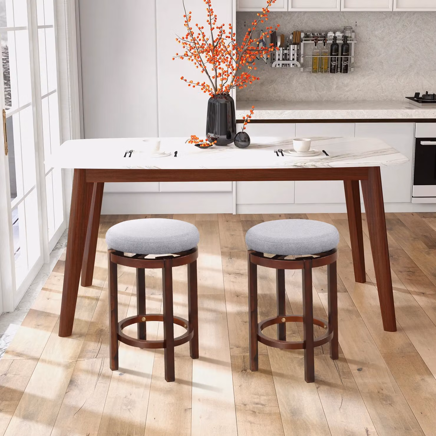 Costway Set of 2 Grey Wooden Counter Height Bar Stools with 360 Degree Swivel and Padded Fabric Seats – 4