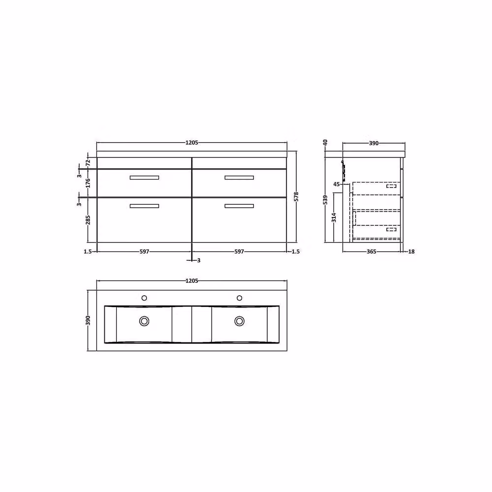 Balterley Millwich Wall Hung 4 Drawer Vanity Basin Unit with LED Lighting, Black, W: 120 cm, D: 58.61 cm, H: 40 cm – 5