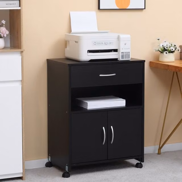 Vinsetto Mobile Printer Cabinet in Black with Doors, Drawers and Open Shelf
