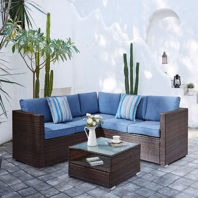 GRS Modern Rattan Corner Sofa Set with Glass Table in Brown and Blue