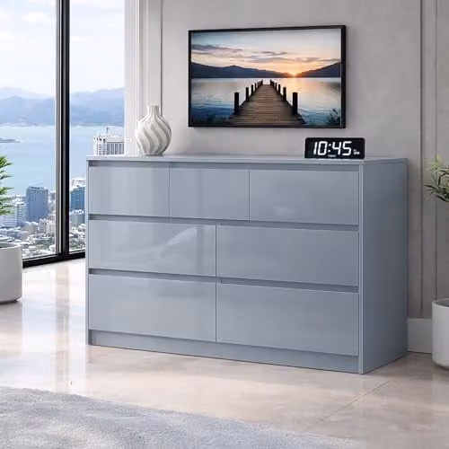 Harmin Modern Grey High Gloss 7 Drawer Handleless Chest of Drawers, W/D/H: 106 x 40 x 81 cm