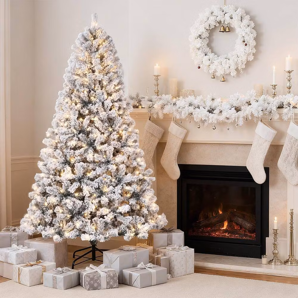 London Boutique 7.5ft Snow-Flocked Artificial Christmas Tree with Warm White LED Lights in White – 7