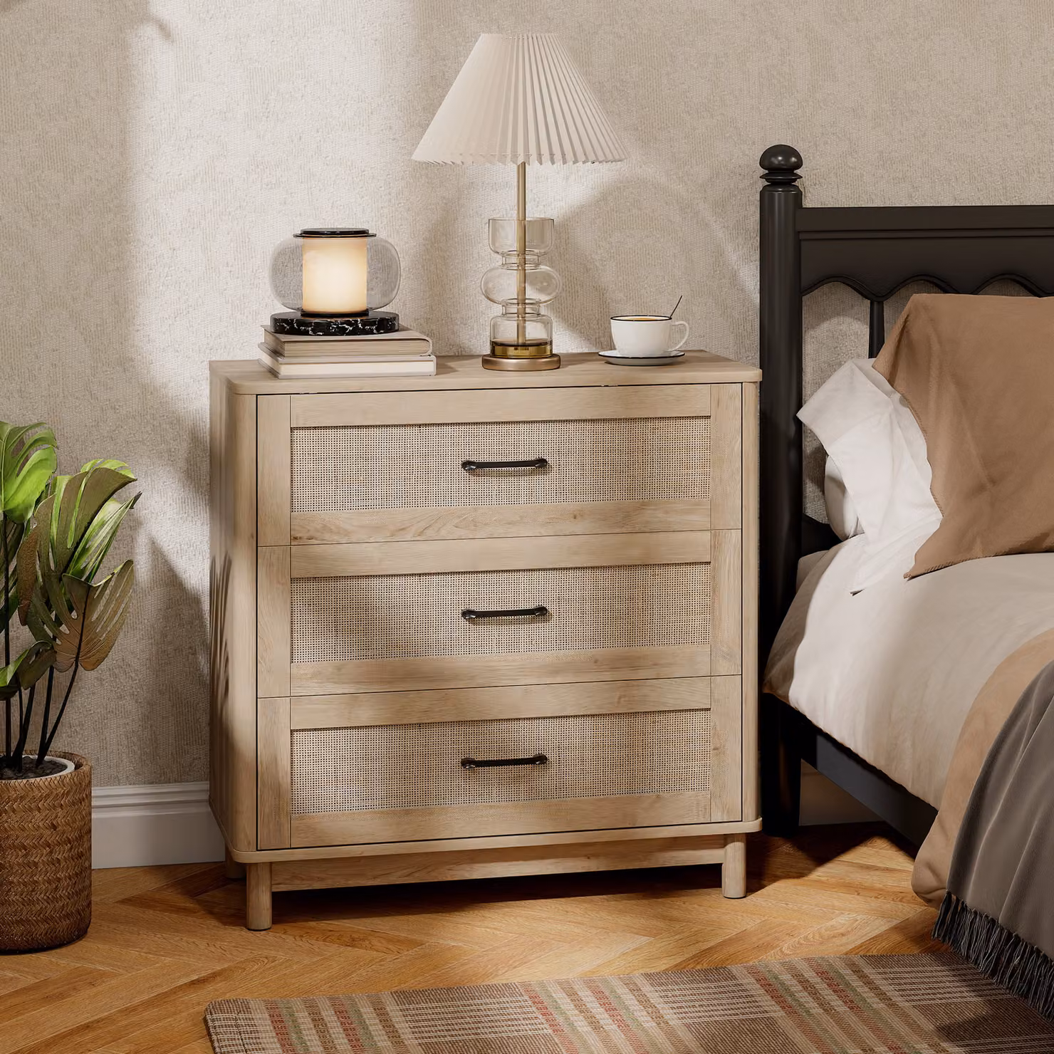 HOMCOM 3-Drawer Chest of Drawers in Oak with Rattan Details, Width: 76 cm – 2