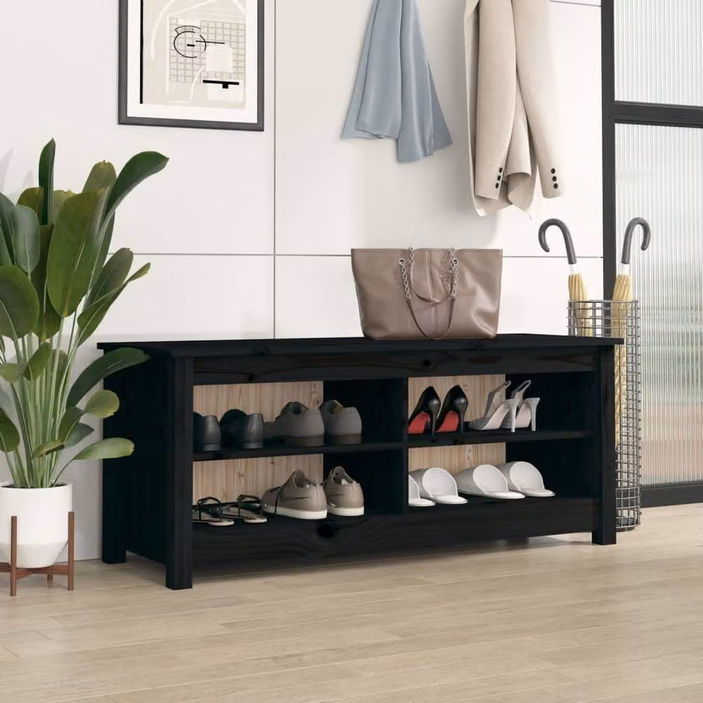 Berkfield Home Black Solid Pine Wood Shoe Bench W/D/H: 110 x 38 x 45.5 cm – 2