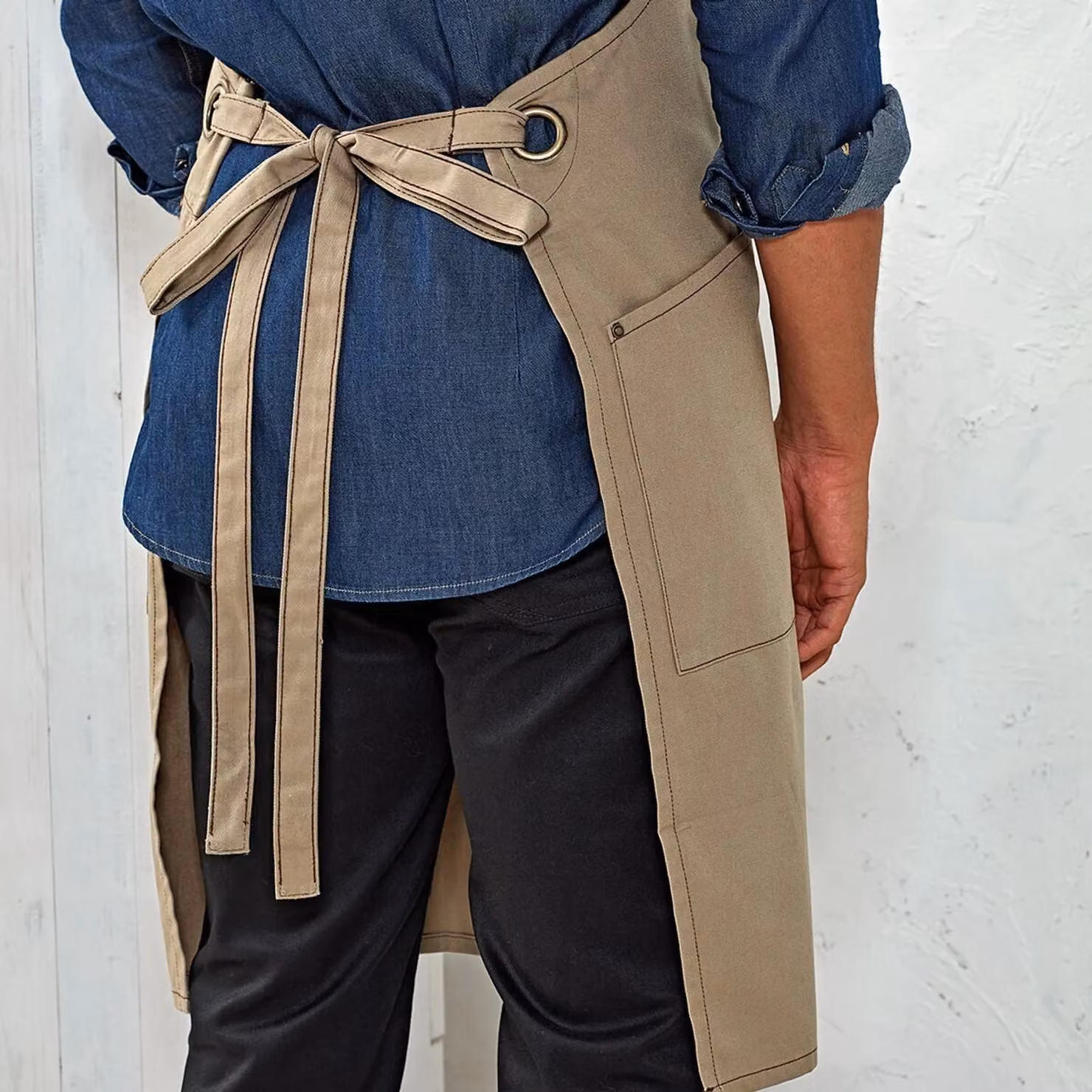 Premier Barley Cotton Full Apron with Contrast Stitching in Beige – 2