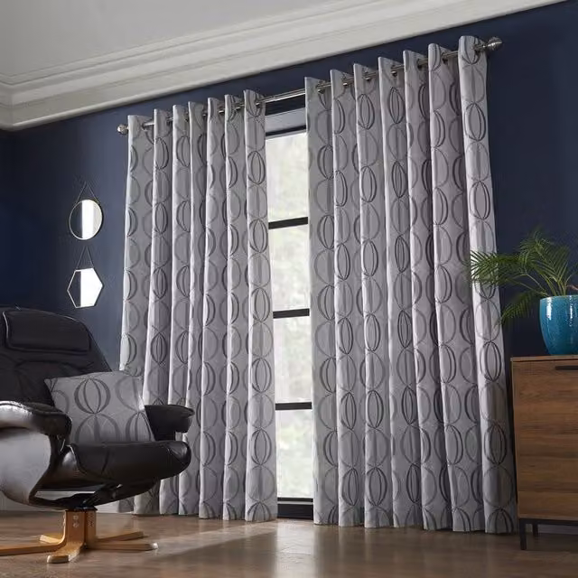 Alan Symonds Omega Silver Eyelet Curtains, Fully Lined Jacquard, W/H: 117 x 183 cm – 1