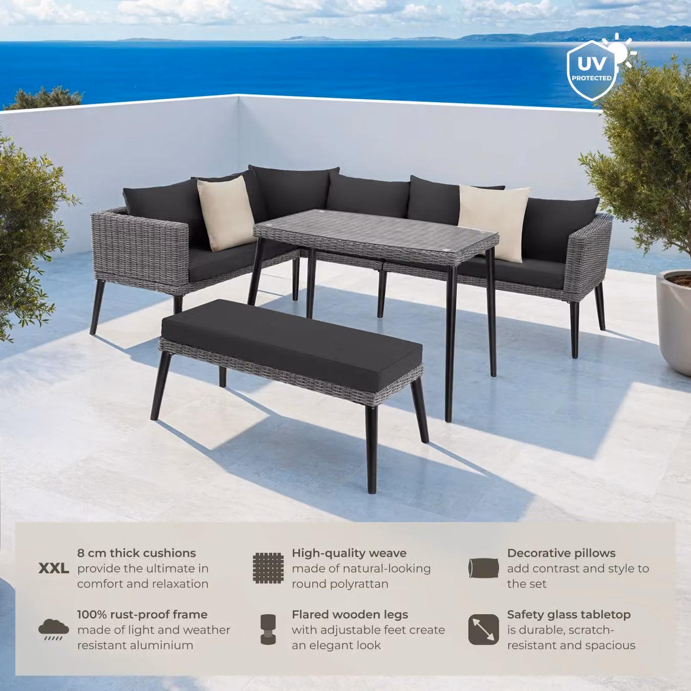tectake Pula 4-Person Rattan Lounge Set with Powder Coated Aluminium Frame and Upholstered Cushions in Grey – 2