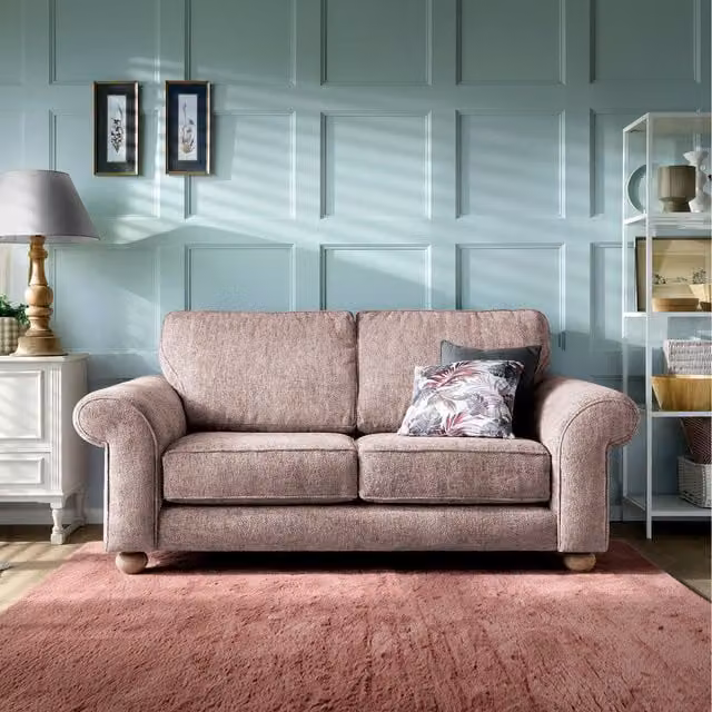 Abakus Direct Ingrid 2 Seater Upholstered Sofa in Pink Fabric with Scatter Cushions