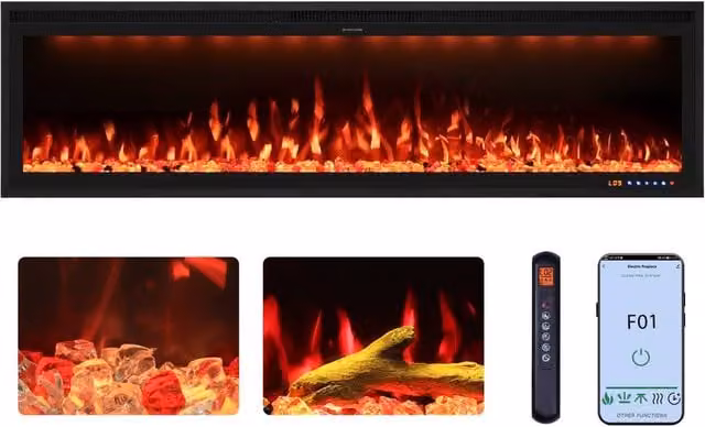 Omni-Burn Black Recessed or Wall Mounted Electric Fireplace with App Control, W: 152 cm, D: 16.02 cm, H: 42.84 cm