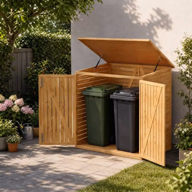 Living and Home Rustic Brown Wooden Outdoor Bin Store Shed, Pent Style, W/D/H: 132.9 x 107.5 x 135 cm