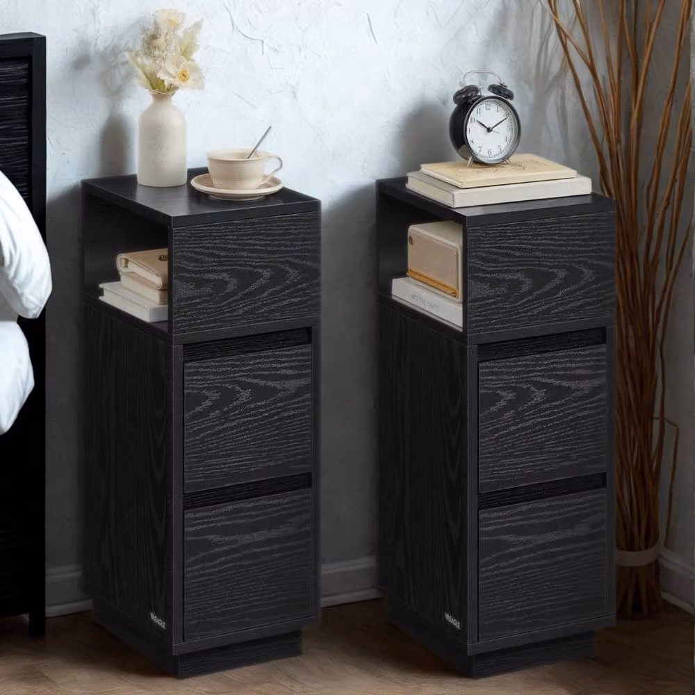 Pirlo Plush Black Square Bedside Nightstand with 2 Drawers and Shelf – 2