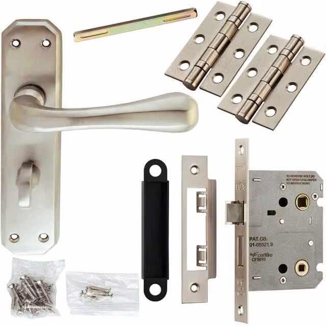 Loops Heavy Duty Prism Door Handle and Bathroom Lock Pack in Satin Chrome – 1