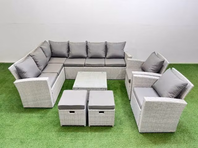 Fimous 10 Seater L-Shape Corner Garden Sofa Set in Light Grey with Coffee Table and Ottomans