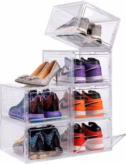 Kelvenix Stackable Transparent Acrylic Shoe Storage Boxes, 6 Pack