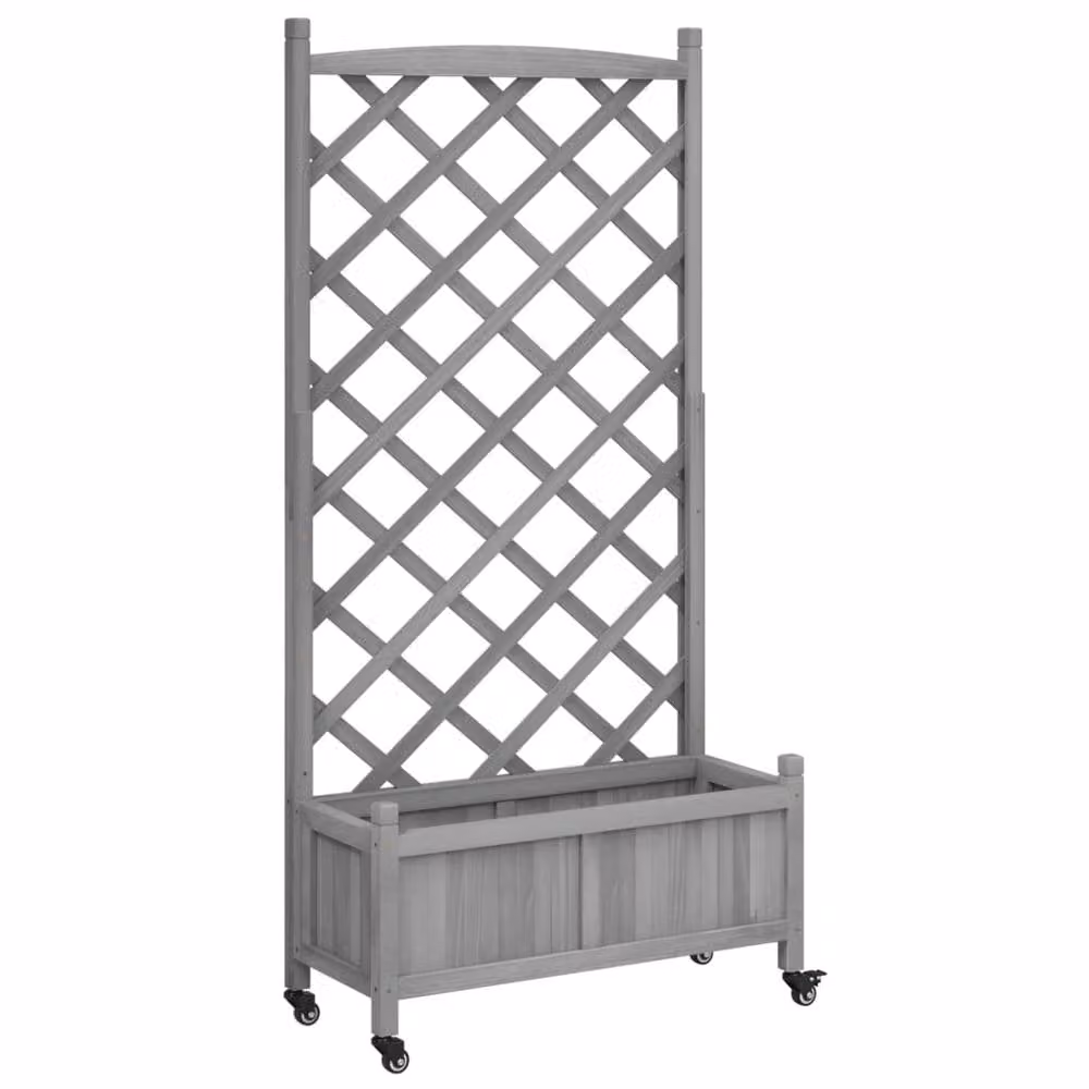 Berkfield Home Grey Solid Wood Fir Planter with Trellis and Wheels – 2