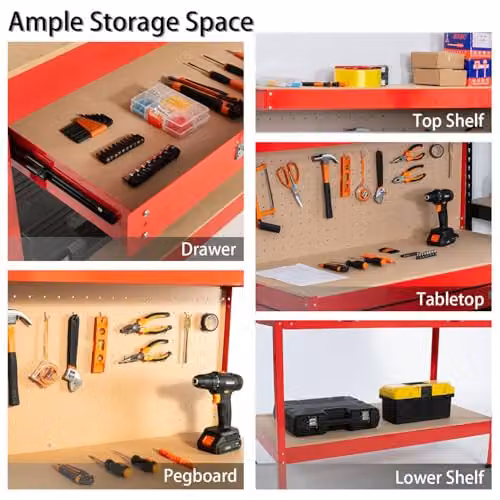SwitZer Red Steel Garage Workbench with Pegboard and Drawers – 3