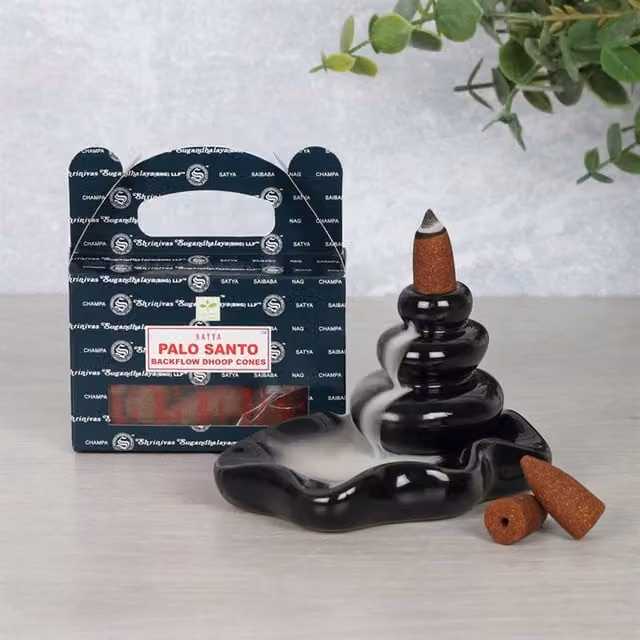 Satya Palo Santo Backflow Dhoop Cones Set of 6 Packets in Grey and Brown with Ceramic Tabletop Burner