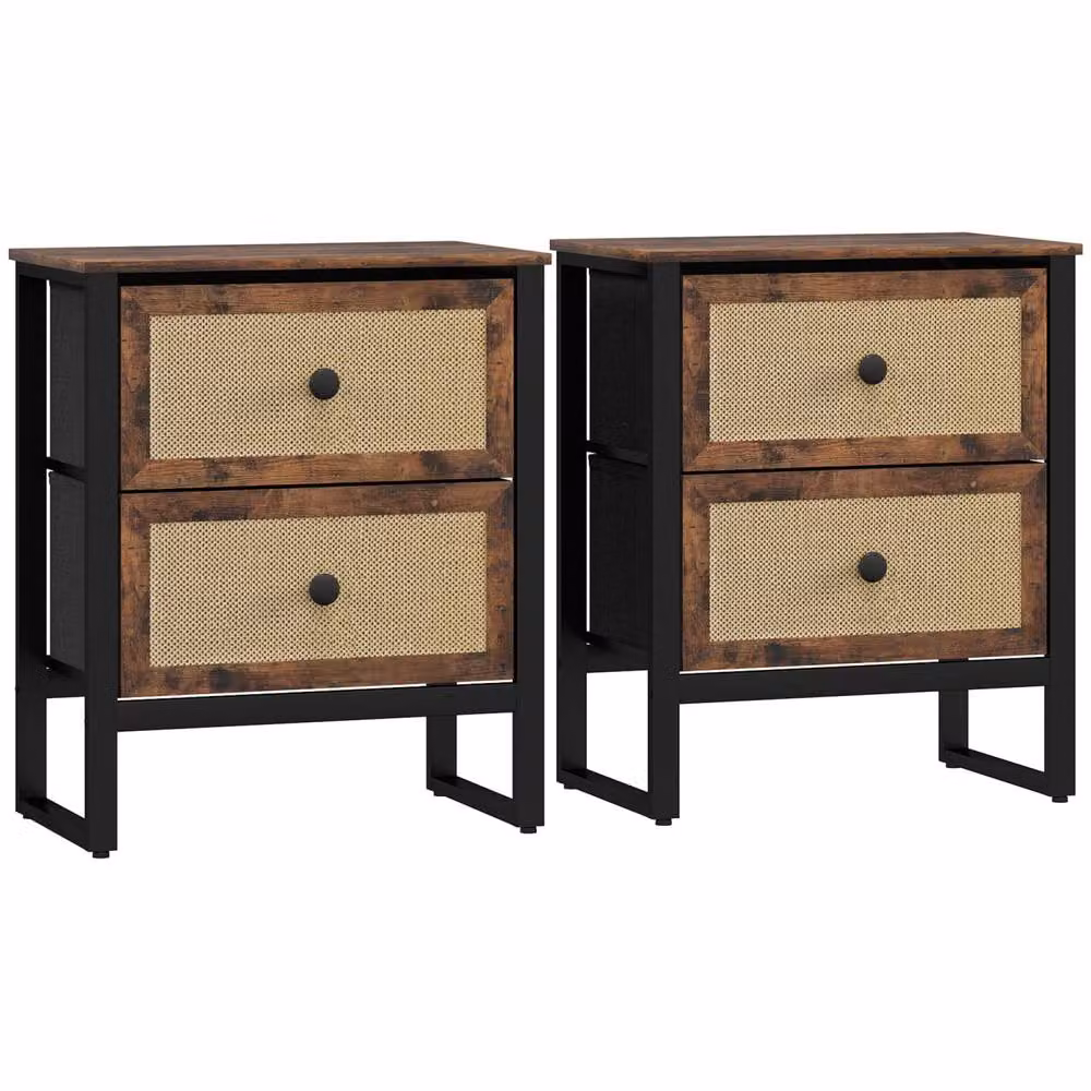 Wyld Haus Lamilu Vesa Set of 2 Industrial Bedside Tables in Rustic Brown with 2 Drawers – 2