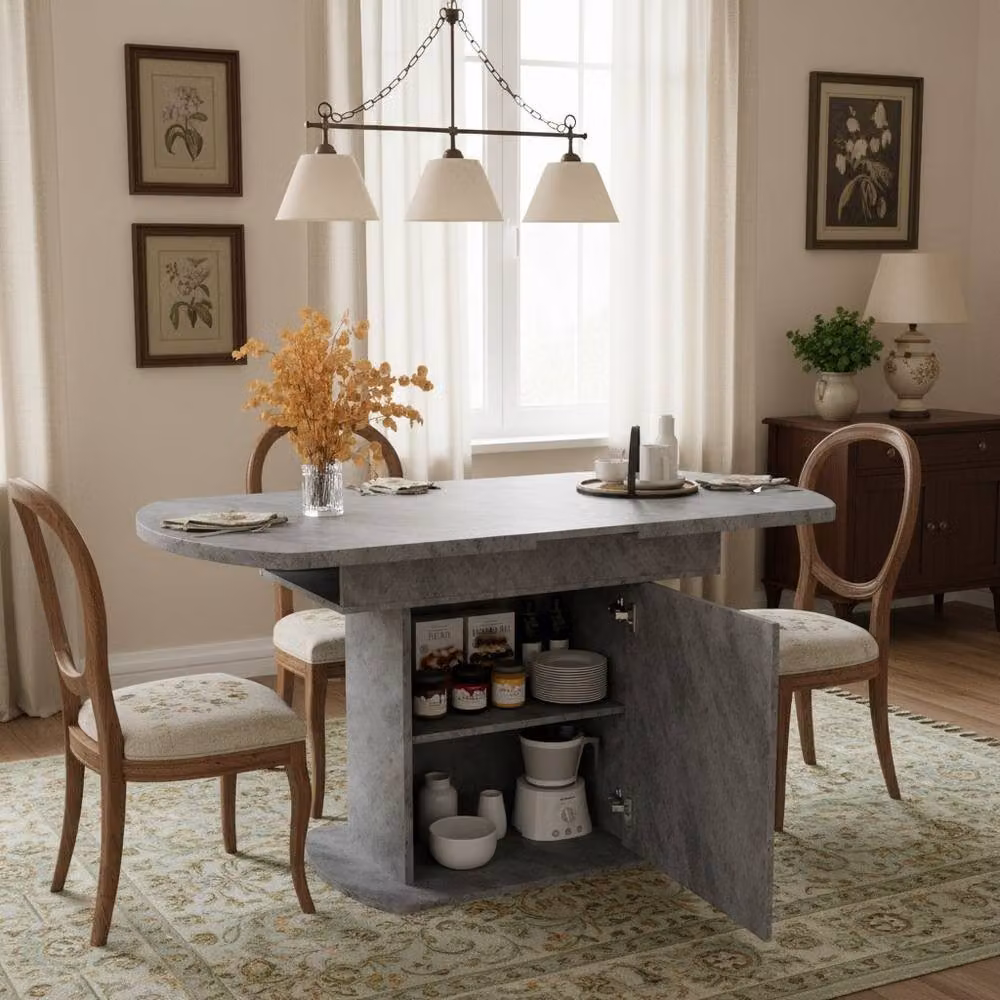 Merax Extendable Oval Pedestal Dining Table with Built-in Storage Cabinet in Grey and Silver – 2