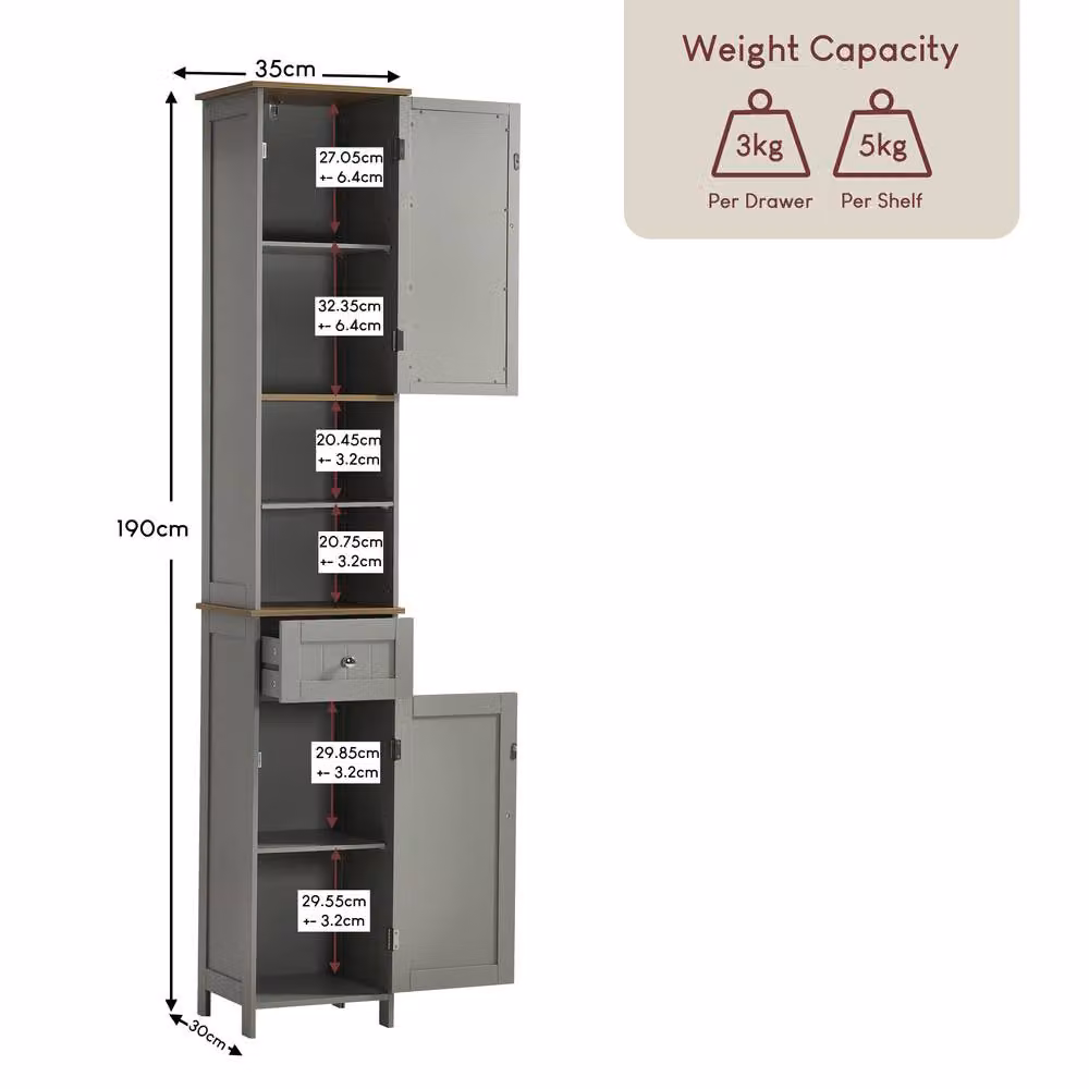 HD Designs Priano Grey Mirrored Tall Bathroom Cabinet with 2 Doors, 1 Drawer and Internal Shelves – 2
