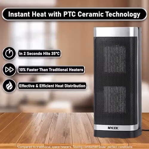 MYLEK 2000W Ceramic Fan Heater with Remote Control, Timer, Cold Mode and Tilt Protection, Silver and Black – 3