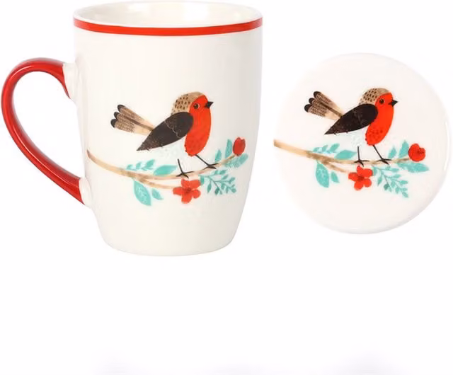 KDMK White and Red Ceramic Winter Robin Mug and Coaster Set