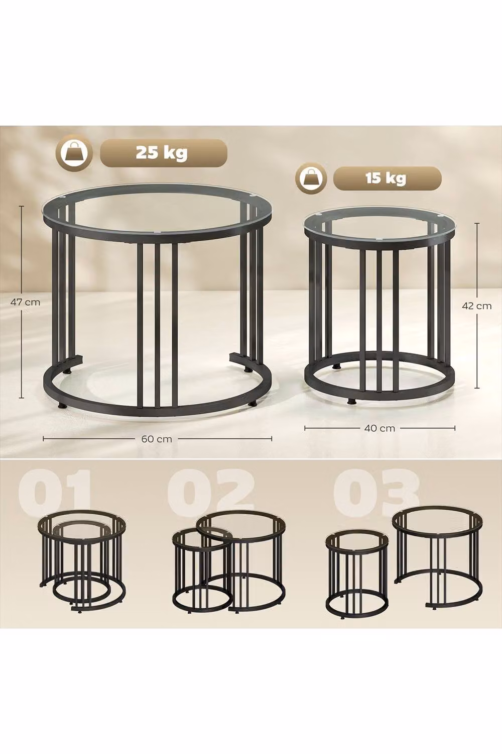 Ergovexa Set of 2 Round Nesting Coffee Tables with Black Tempered Glass and Metal Frames – 2