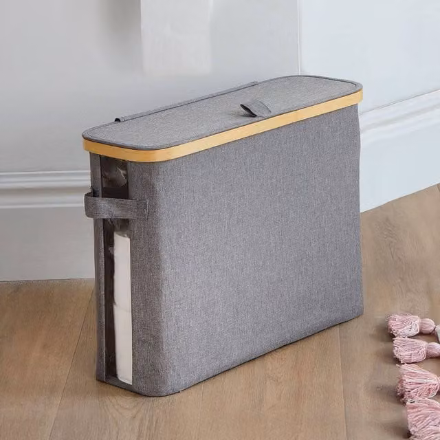 Clarsen Grey and Multicolour Toilet Roll Storage Box with Bamboo Trim and Side Window – 1