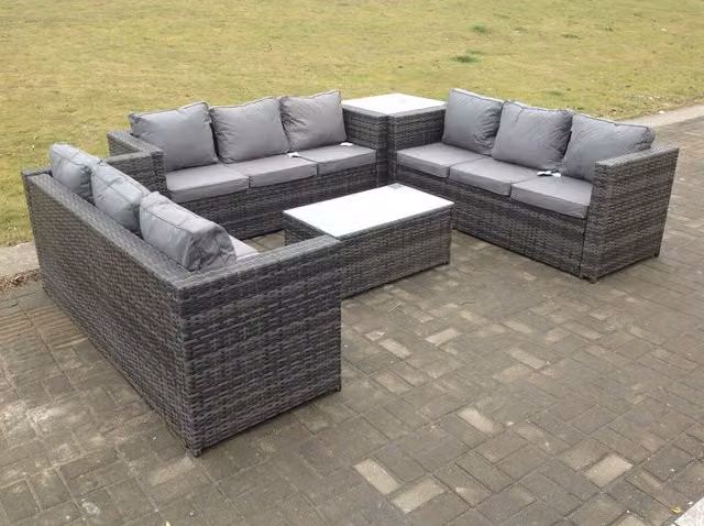 Fimous Dark Grey Rattan Garden Furniture Lounge Sofa Set with Oblong Coffee Table and Tall Side Table