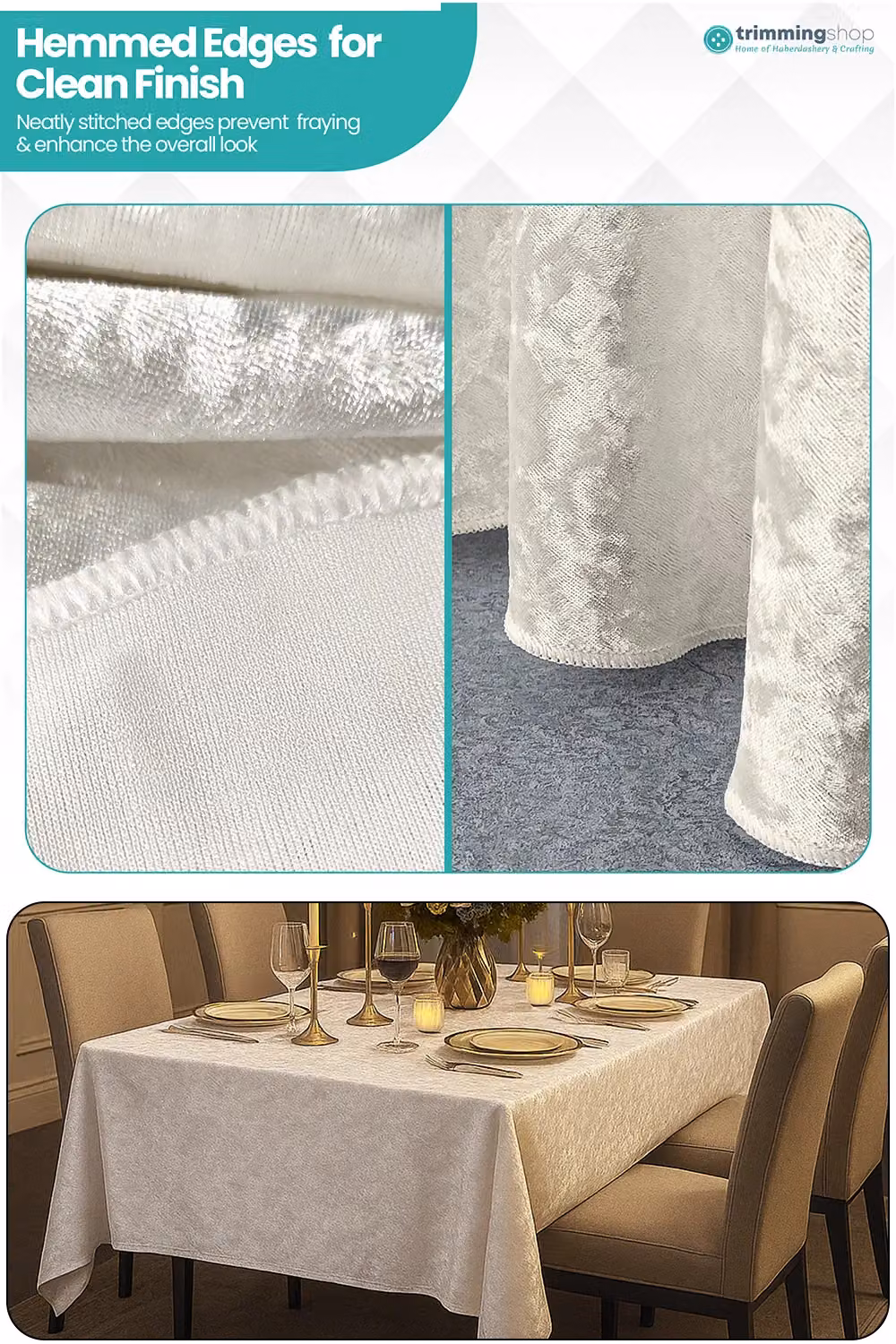 Neel Blue Diamond Velvet Rectangular Tablecloth in Ivory – 3
