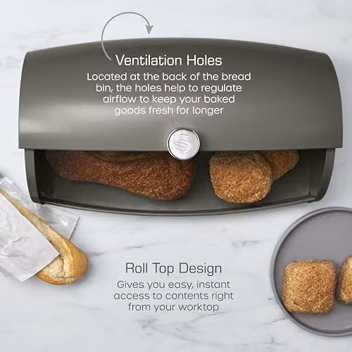 Swan Townhouse Ventilated Metal Bread Bin with Roll Front Lid, 14 Litre, Grey – 5