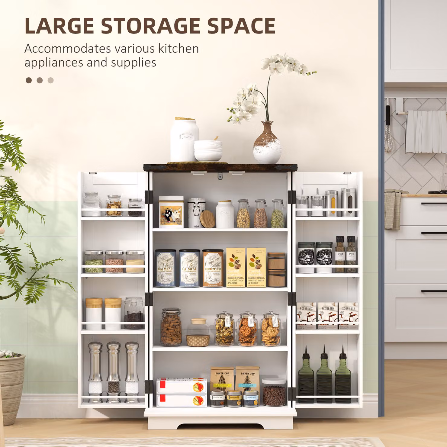 HOMCOM White Farmhouse Style Multi-Storage Kitchen Cabinet with Hinged Doors and Internal Shelves – 3
