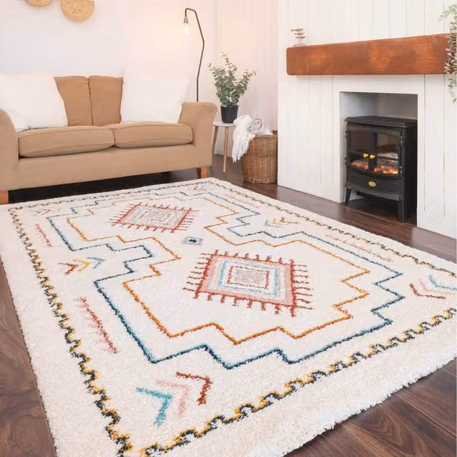 The Rug House Cream and Multicolour Diamond Aztec Bordered Moroccan Shaggy Living Area Rug, W: 290 cm, D: 200 cm