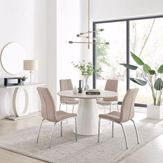 Furniturebox Palma Beige Stone Effect Round Dining Table and 4 Isco Chairs in Cappuccino
