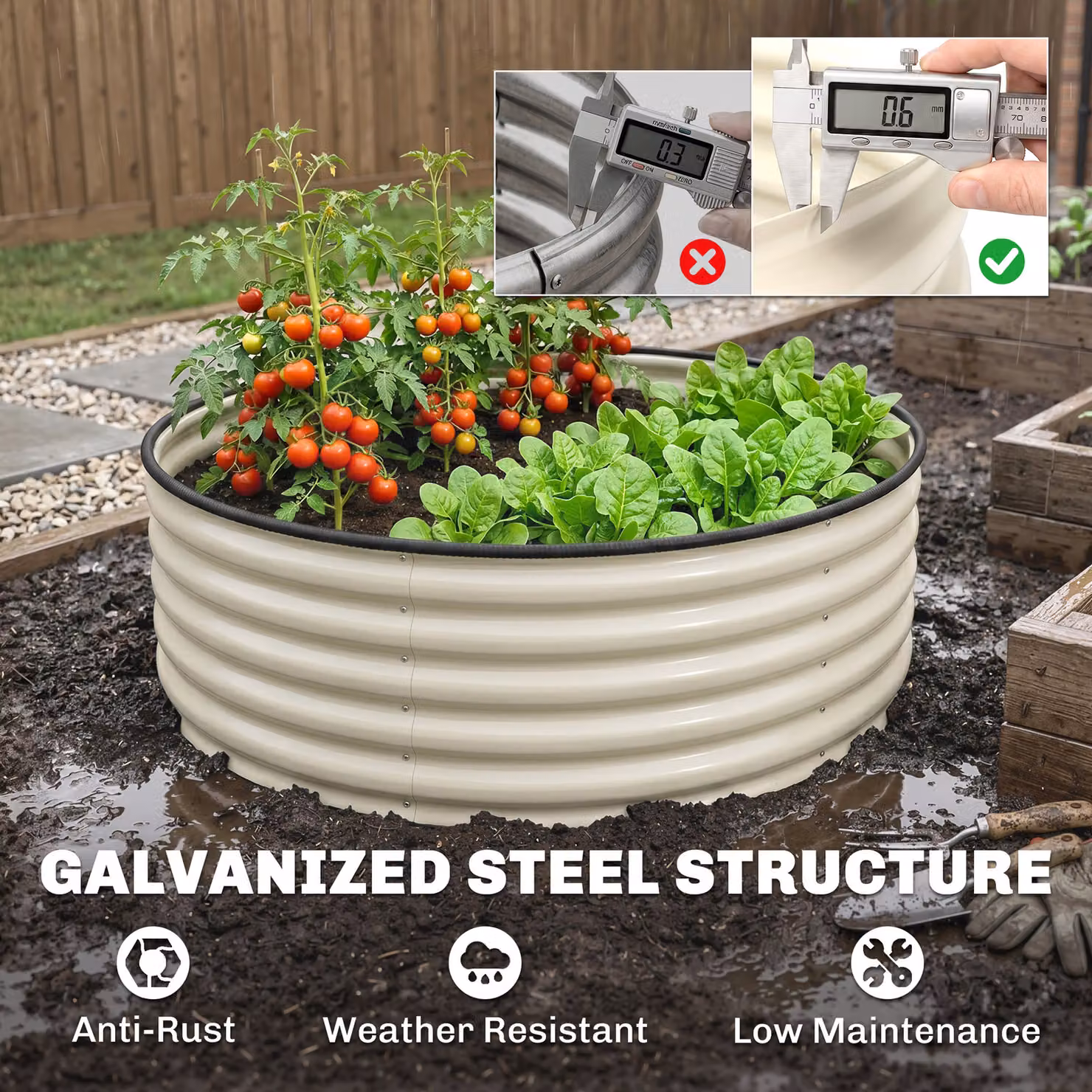 Outsunny Galvanised Steel Raised Garden Bed with Safety Edging in White, W/D/H: 120 x 120 x 43 cm – 4