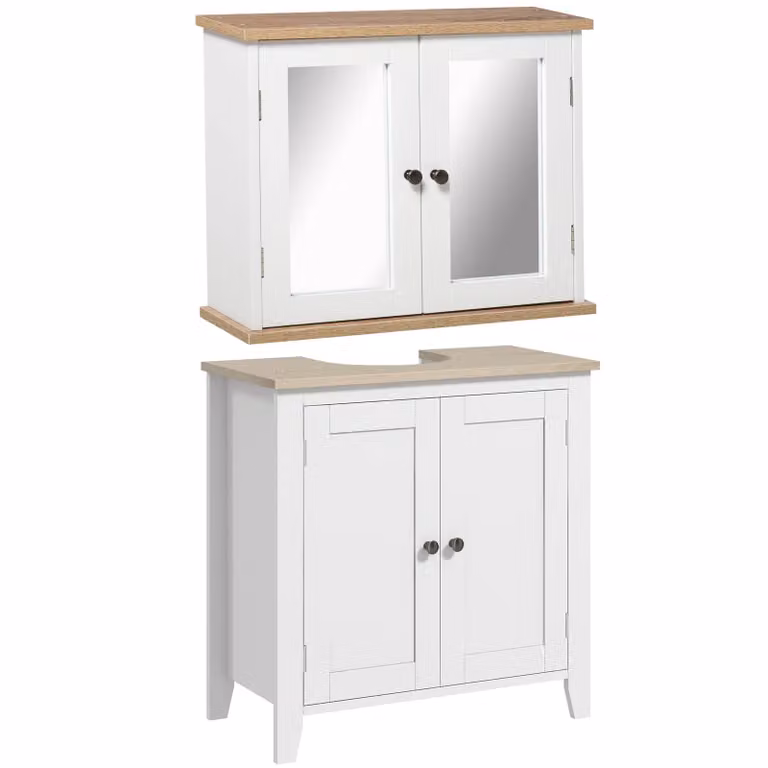 Kleankin Modern Wall Mounted Bathroom Mirror Cabinet and Vanity Unit in White and Wood Grain, W: 60 cm, H: 60 cm