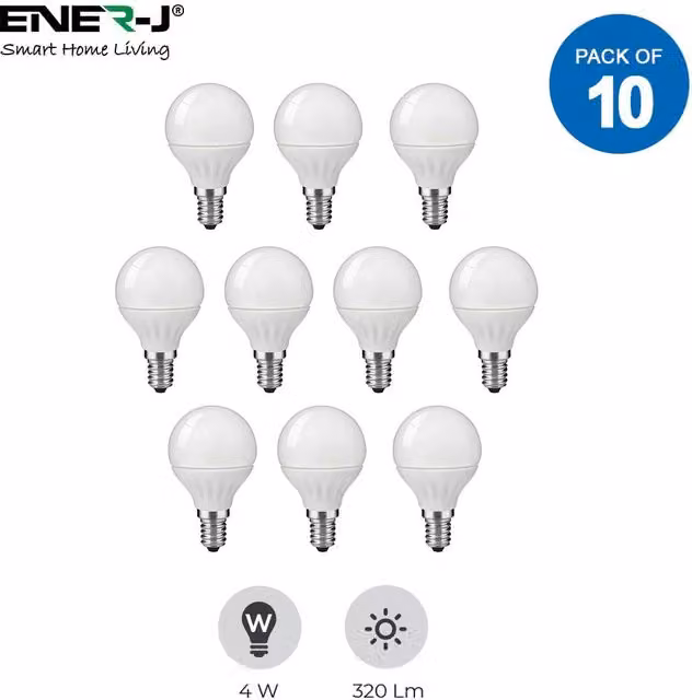ENER-J Pack of 10 Warm White 4W LED Golf Bulbs, E14 P45, 3000K, White