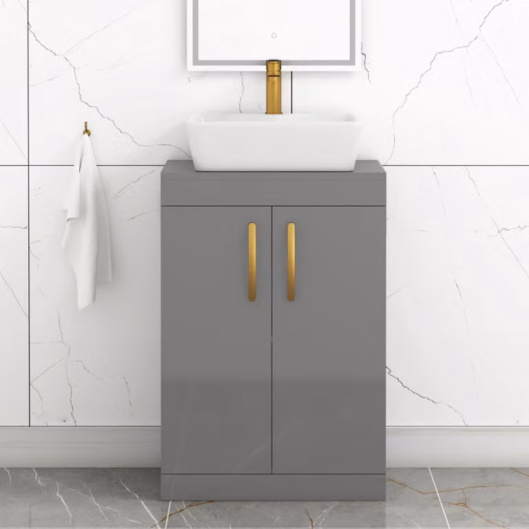 Royal Bathrooms Cube 600mm Floor Standing 2 Door Vanity Unit in Indigo Grey Gloss with Countertop Basin and Brushed Brass Handle